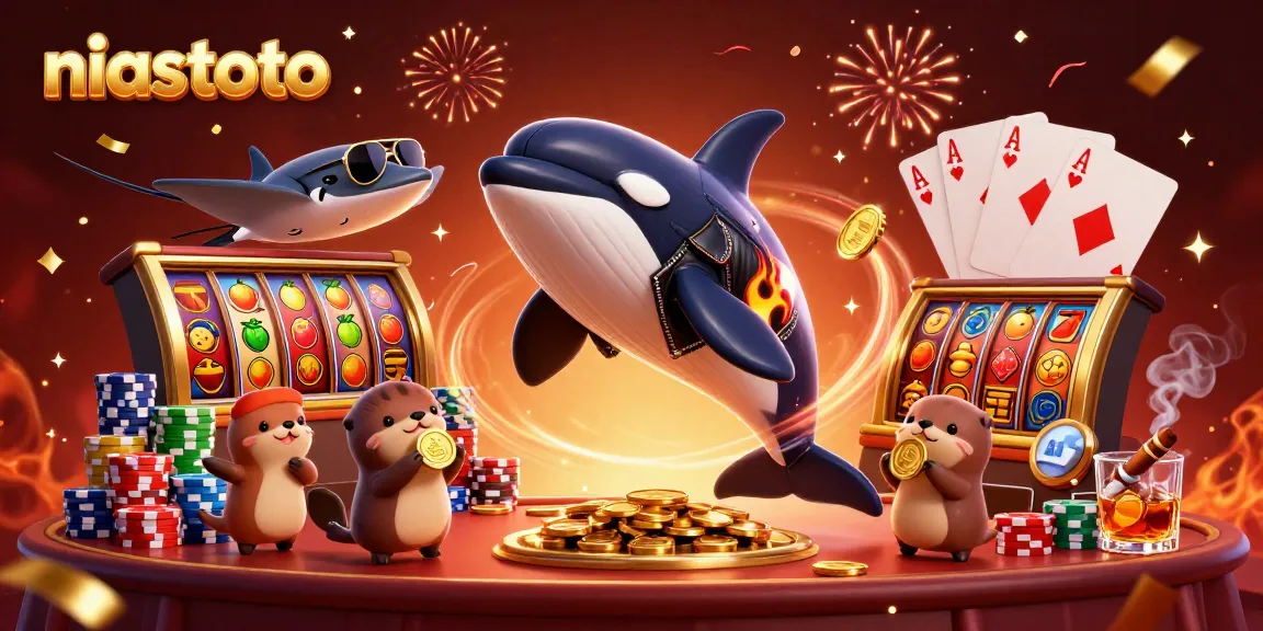 NIASTOTO showcases an exciting scene with legendary characters enjoying thrilling slot games amidst vibrant casino elements.