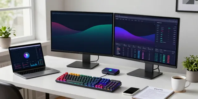 股票行情接口 showcased in a modern trading setup with cryptocurrency market charts, digital wallet, and hardware wallet for secure trading.