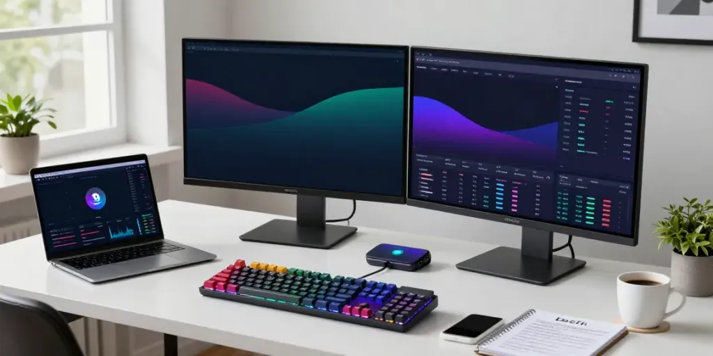 股票行情接口 showcased in a modern trading setup with cryptocurrency market charts, digital wallet, and hardware wallet for secure trading.