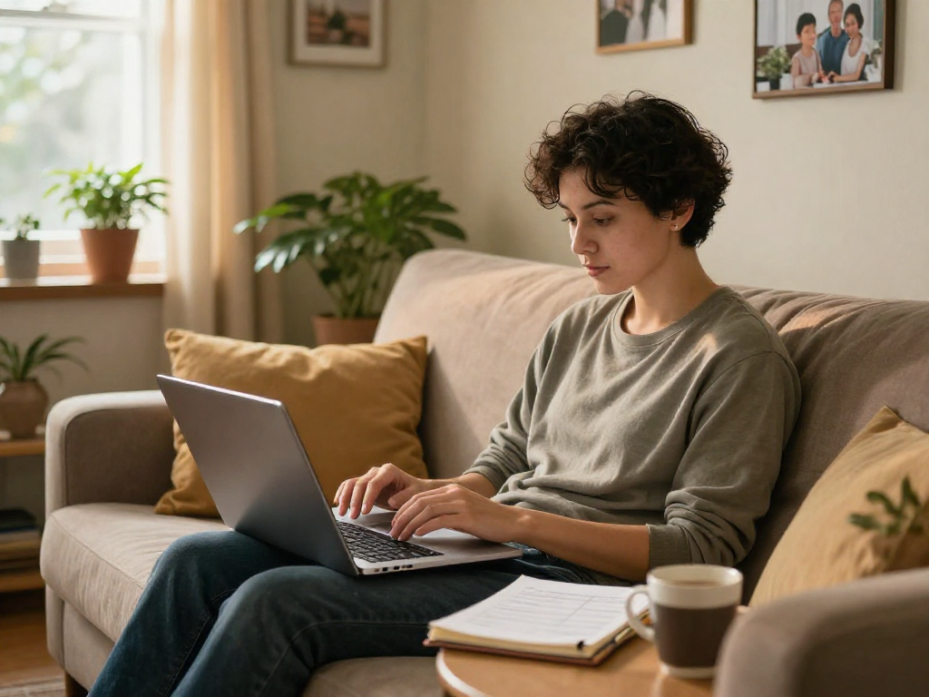 Individual exploring credit consolidation options in a cozy living room, highlighting financial management.