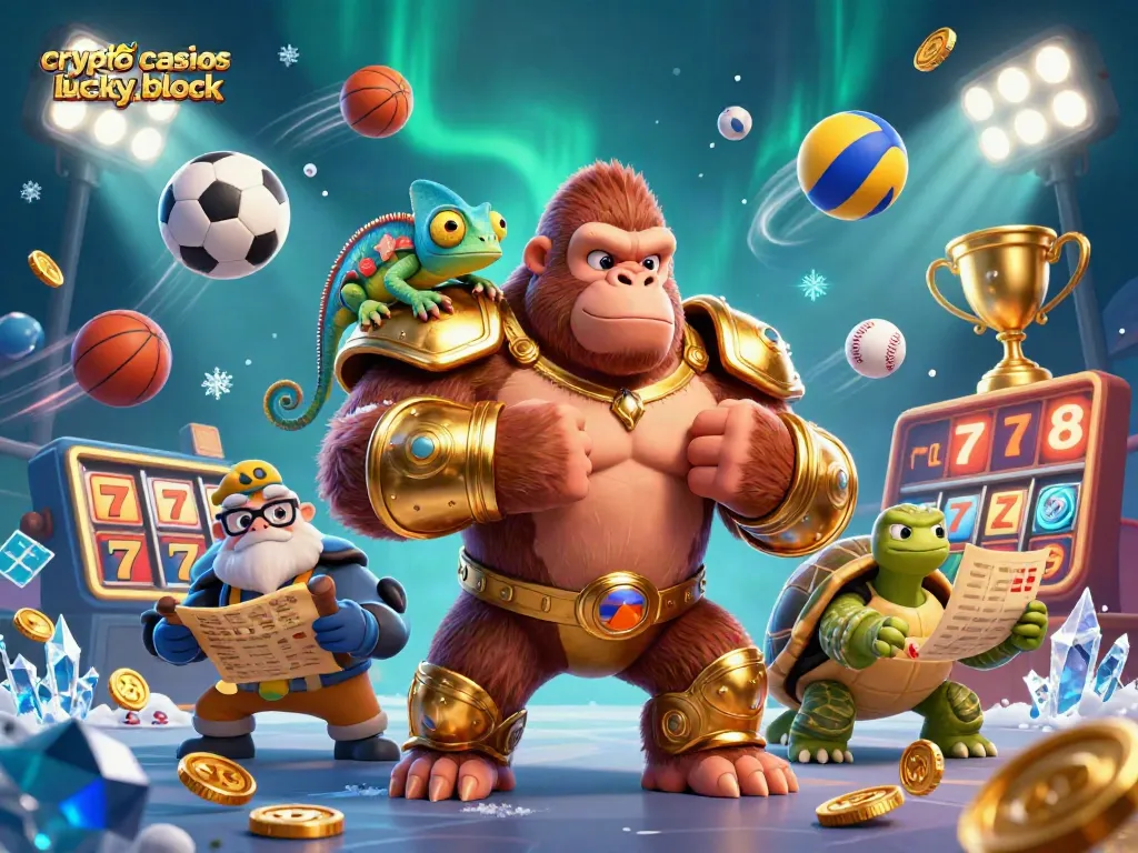 Engaging 3D illustration showcasing crypto casinos like lucky block with a gorilla king, chameleon, and tortoise amidst gambling elements.