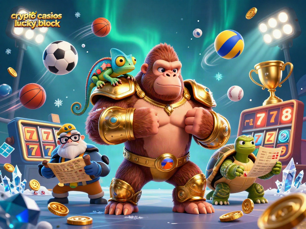 Engaging 3D illustration showcasing crypto casinos like lucky block with a gorilla king, chameleon, and tortoise amidst gambling elements.