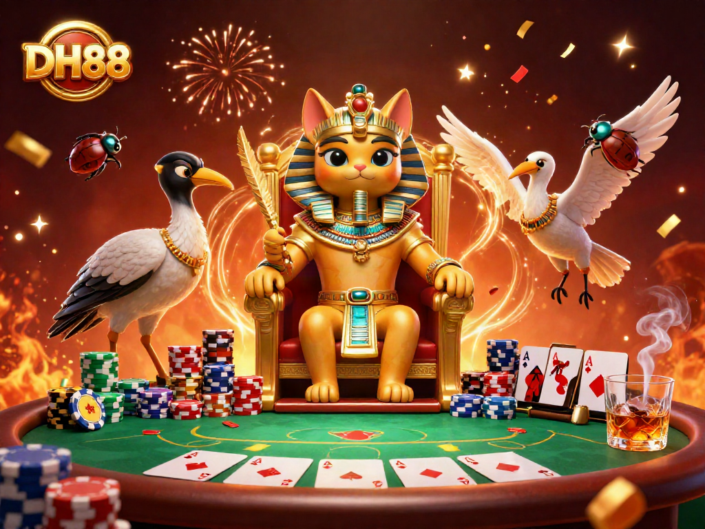 Unleash the magic at DH88 with a vibrant casino scene featuring poker elements and pharaoh characters.