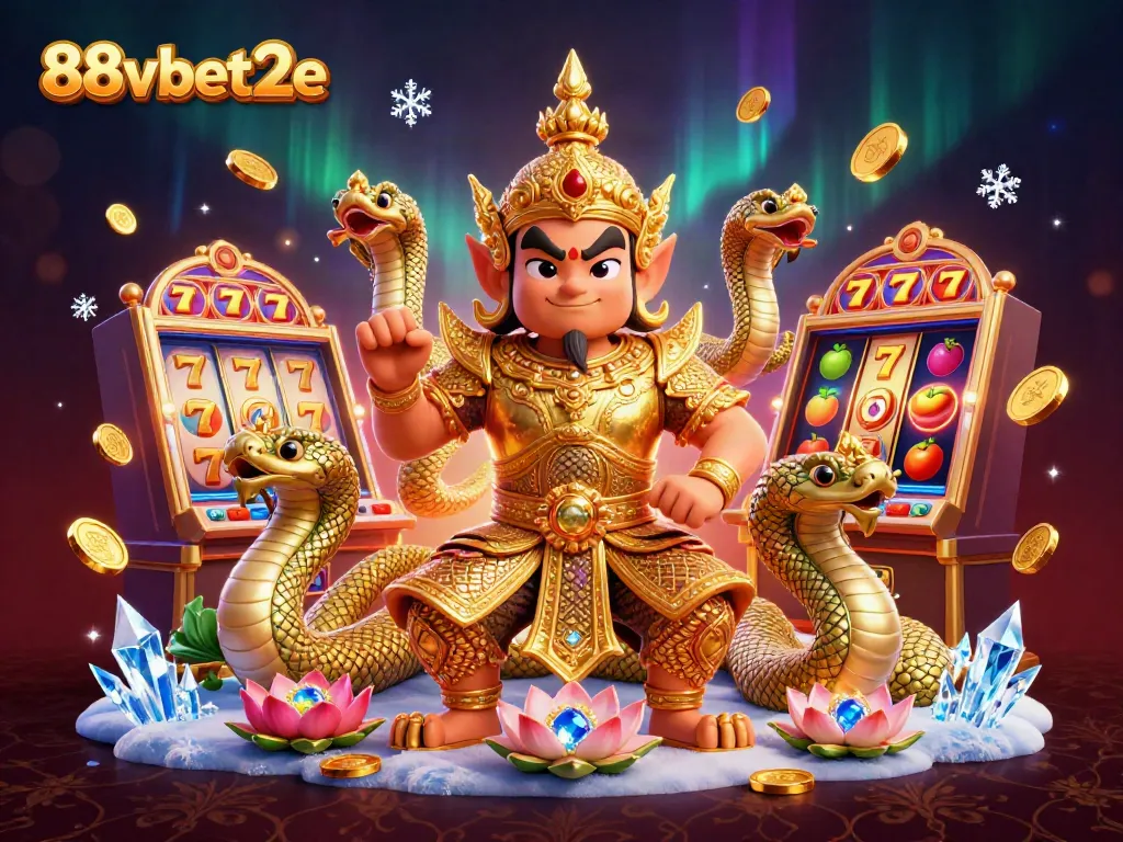 Experience the excitement of 88vbet2e with vibrant slot machines and mystical guardians in this rich casino illustration.