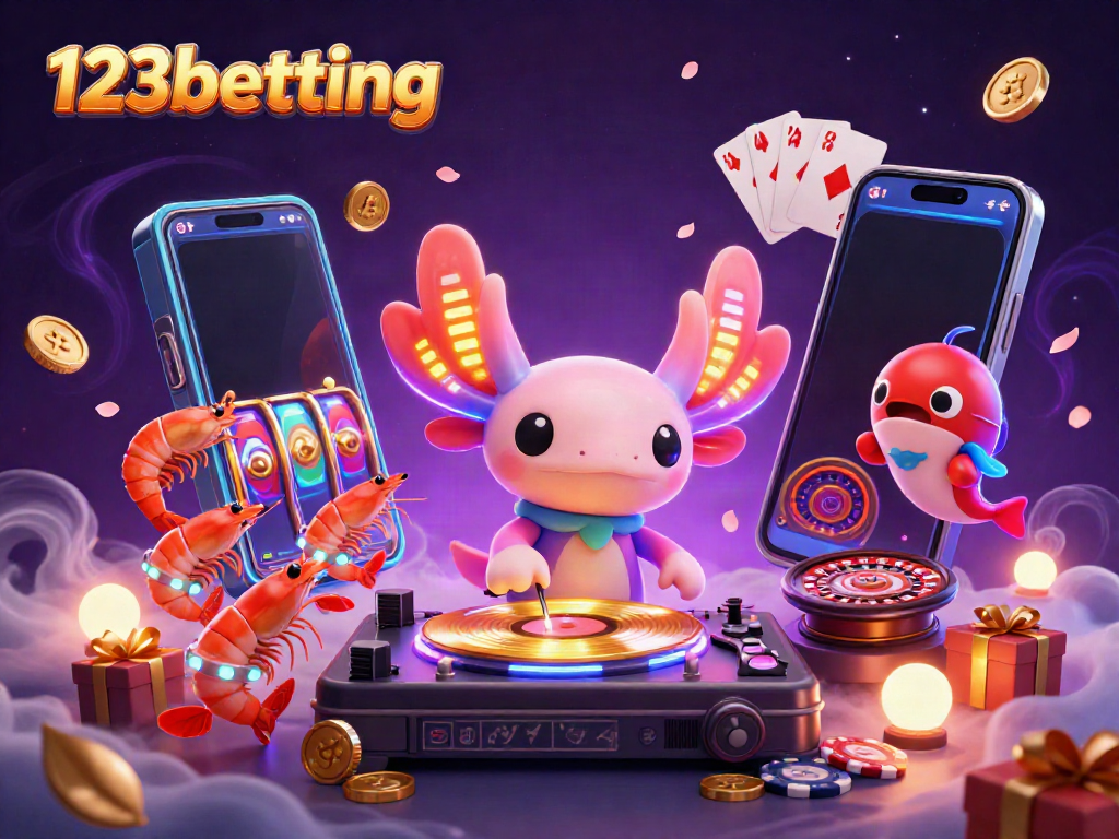 Experience an engaging scene of 123betting with a vibrant axolotl DJ and colorful casino elements