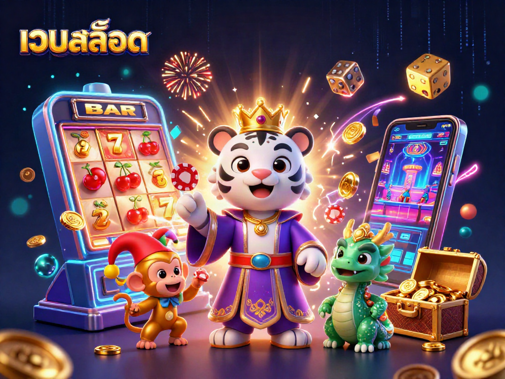 Engage in thrilling เว็บสล็อต adventures with a majestic tiger, jester monkey, and dragon statue surrounded by playful casino elements.