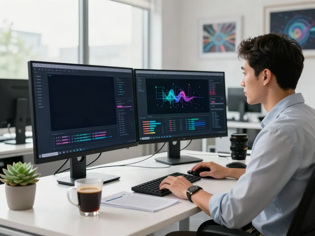 Software engineer working with AI tokens on dual monitors in a modern office.