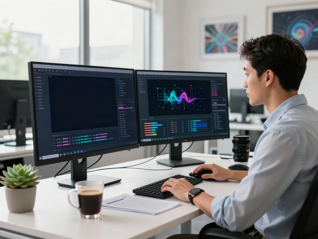 Software engineer working with AI tokens on dual monitors in a modern office.