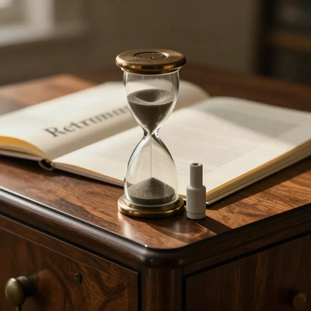 Macro of a sand timer, ceramic drawdown markers, and a retirement folio on a walnut sideboard.
