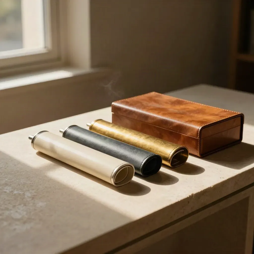 Cream, slate, and brass portfolio sleeves beside a closed leather box on stone.