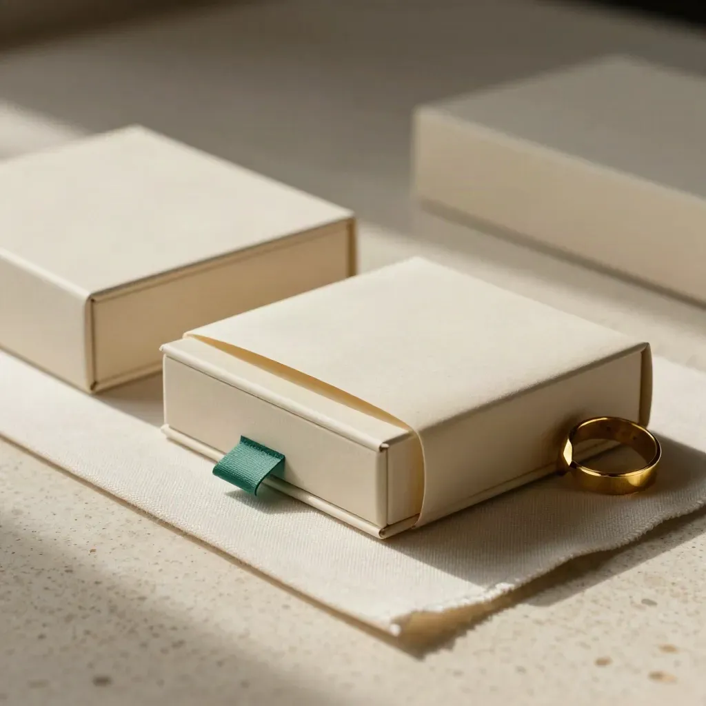 Archival plan boxes and brass ring on linen, a sleeve sliding into place mid-transfer.
