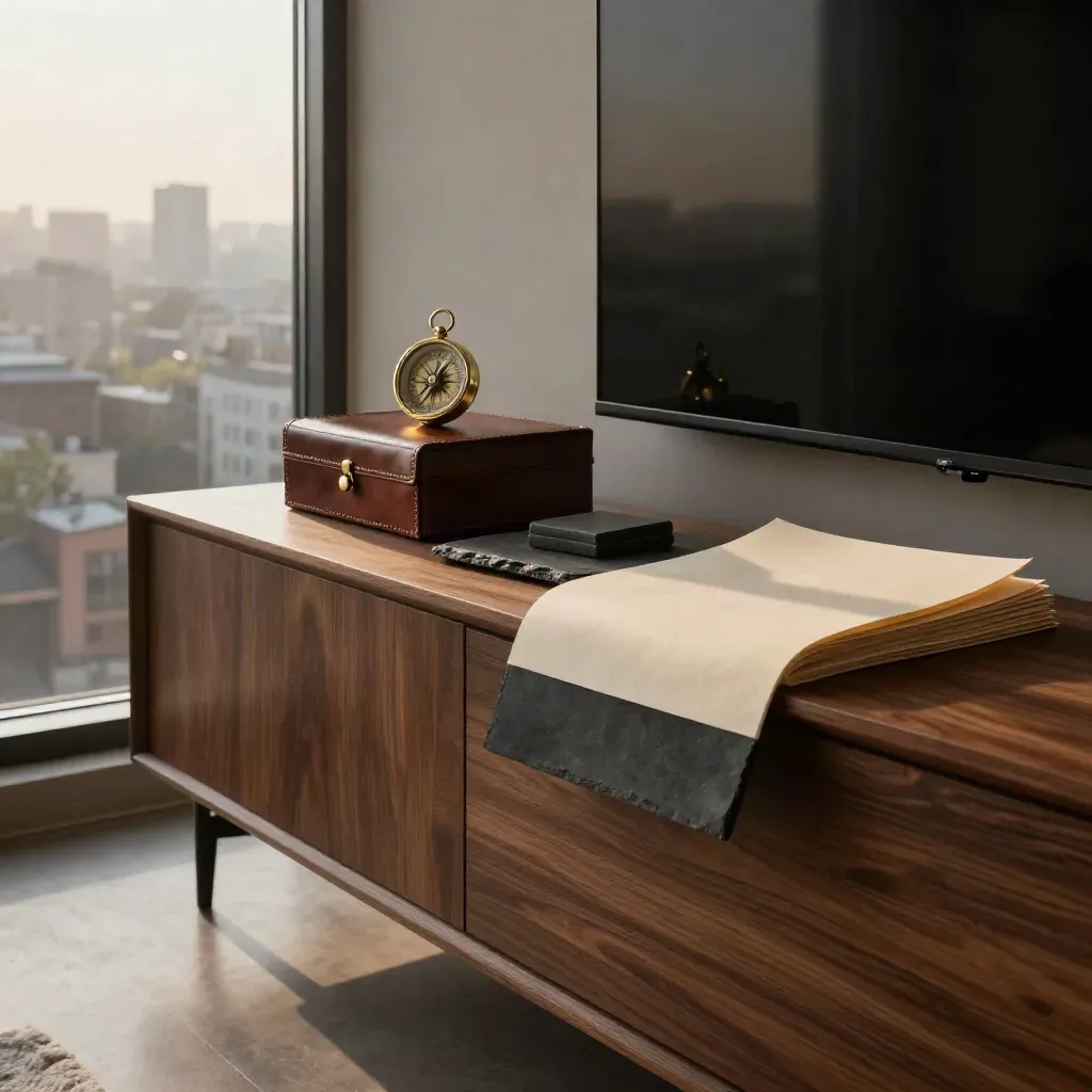 Walnut study credenza with leather portfolio boxes, brass compass and skyline reflection at dusk.