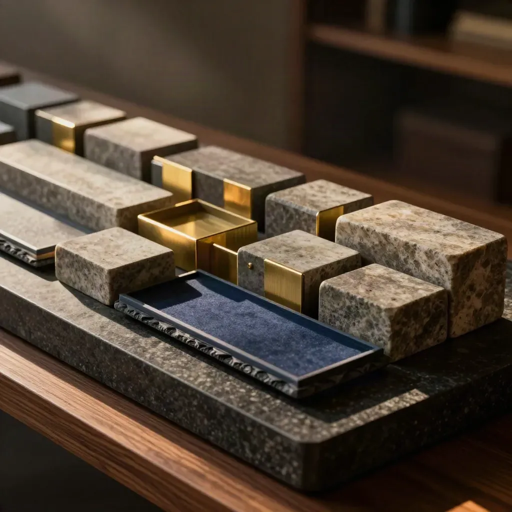 Stone blocks, brass dividers, and slate trays arranged in a moody diagonal on a dark travertine plinth.