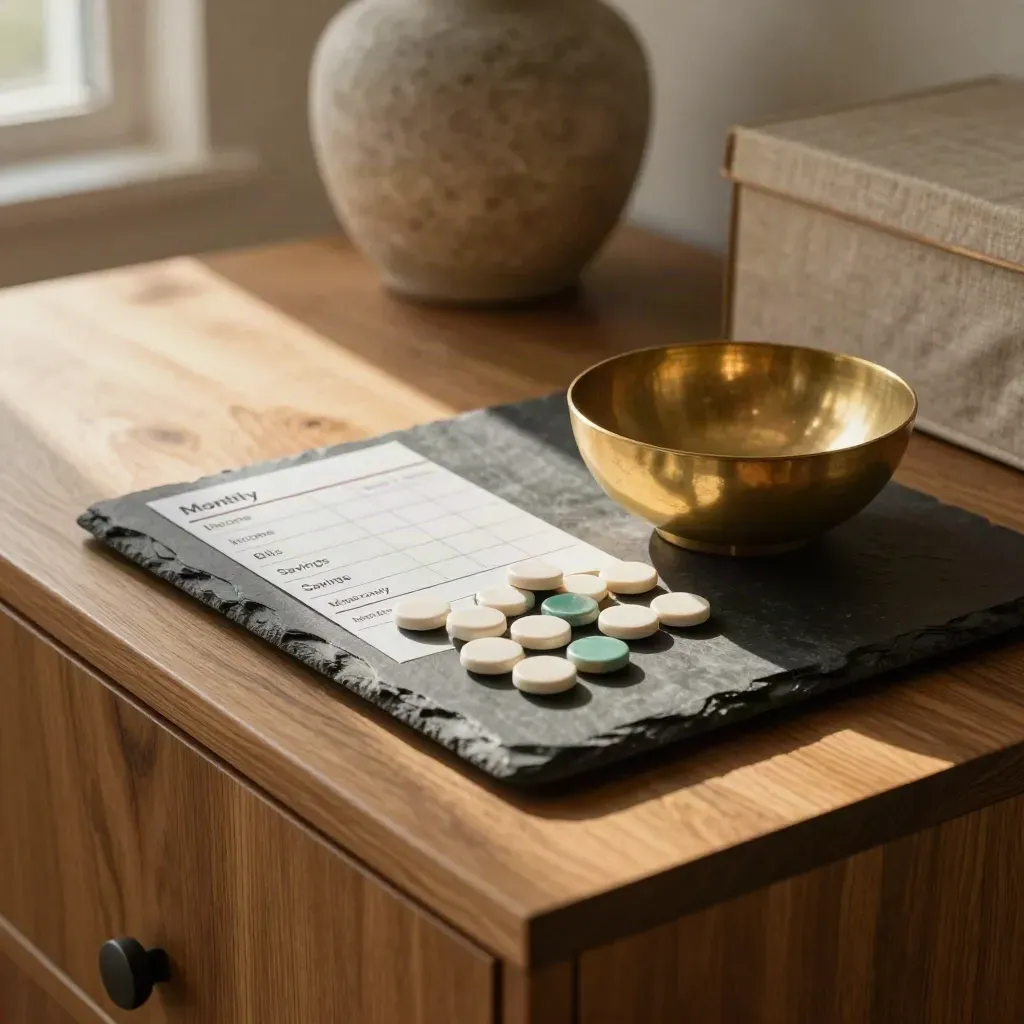 Brass bowl and slate trays with ceramic tokens in a cash-flow planning tableau