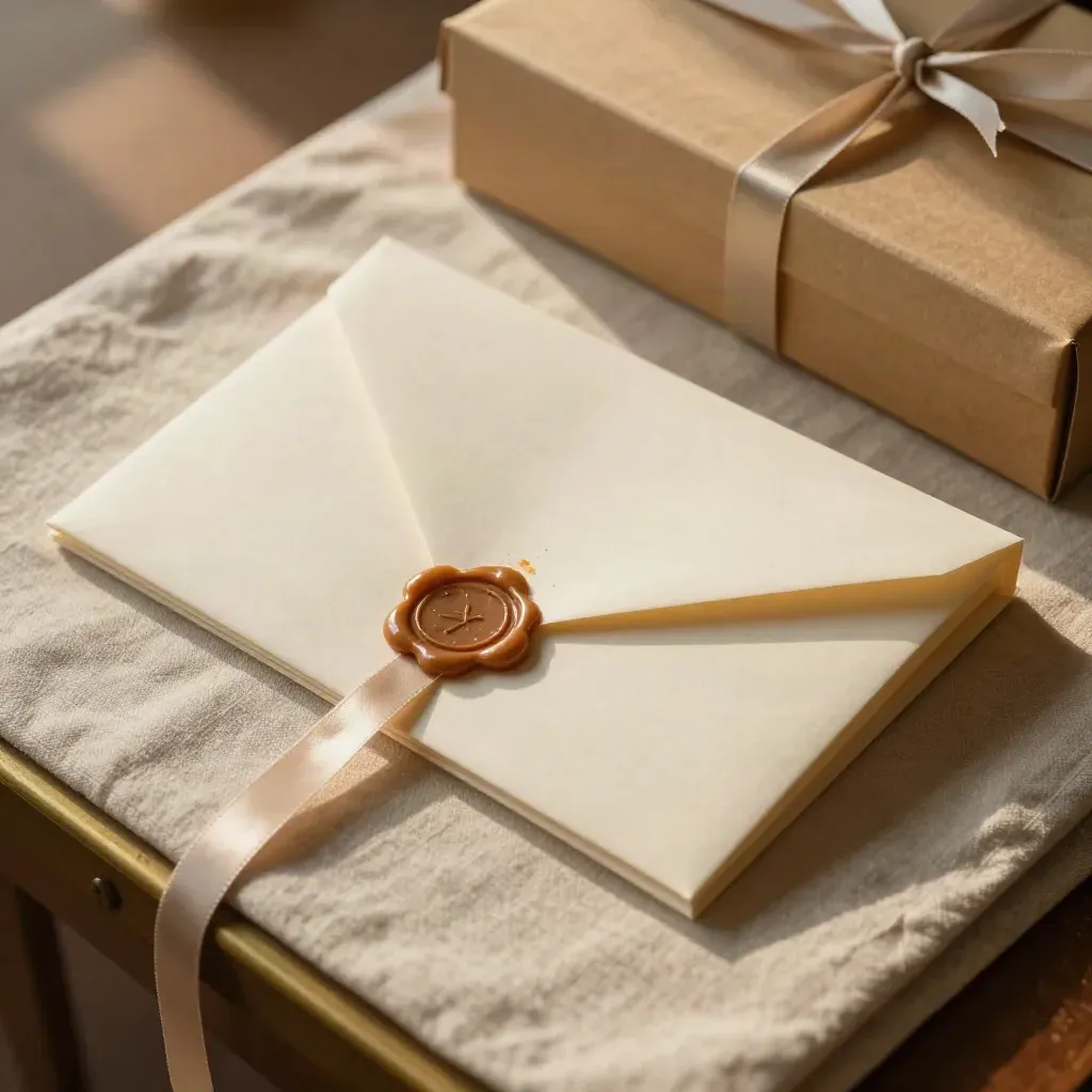 Top-down archive box, cream sleeve, and wax seal on linen in warm light