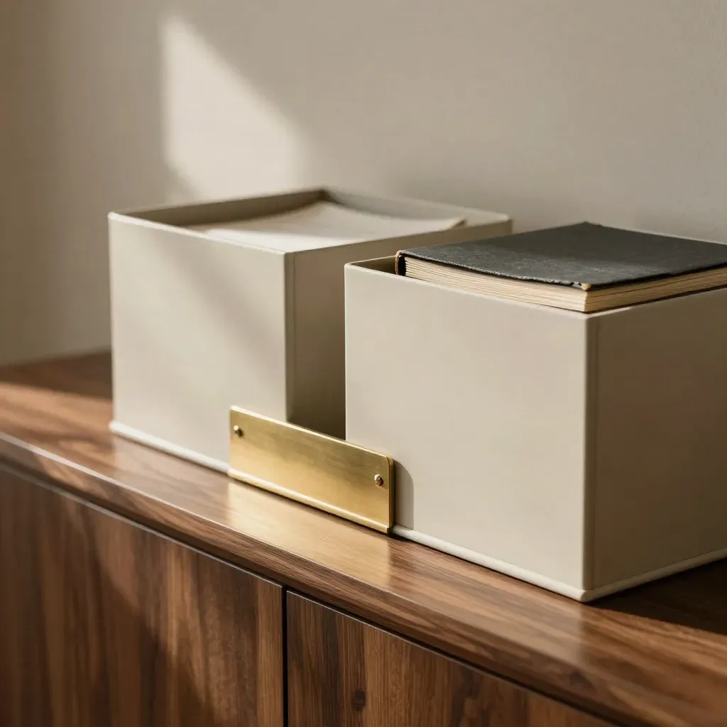 Ivory sleeves and a brass divider on a dark shelf in warm window light.