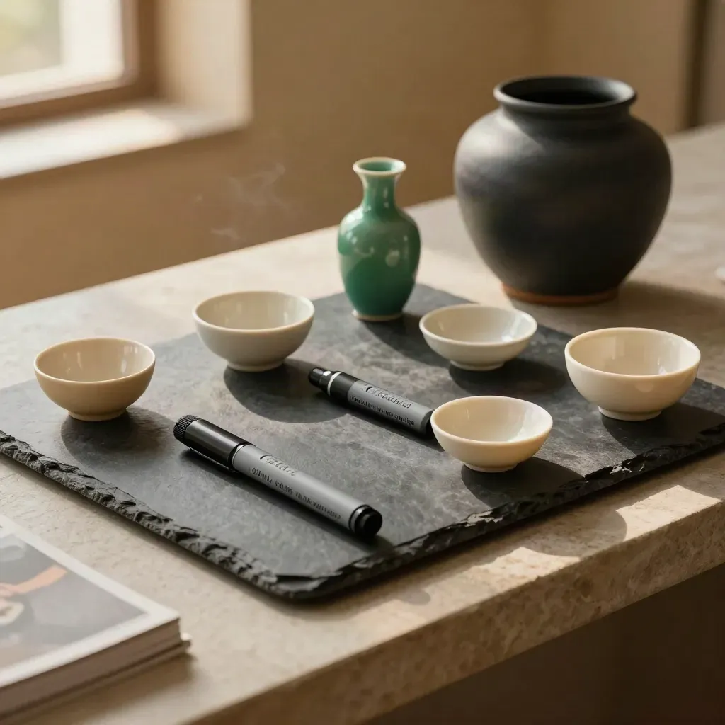 Slate markers and ivory bowls around a reserve vessel on stone, lit by warm window light.