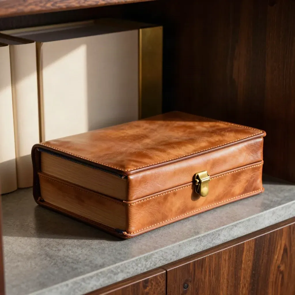 Leather IRA folio with brass clasp on a stone shelf in a dark archive