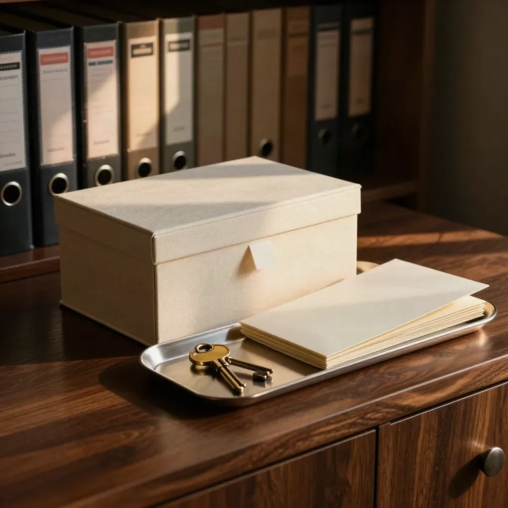 Ribboned archive box, key set, and cream sleeve on a dark credenza in moody light.
