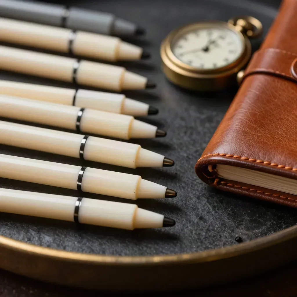 Ivory and slate portfolio markers beside a brass timepiece and closed leather folio