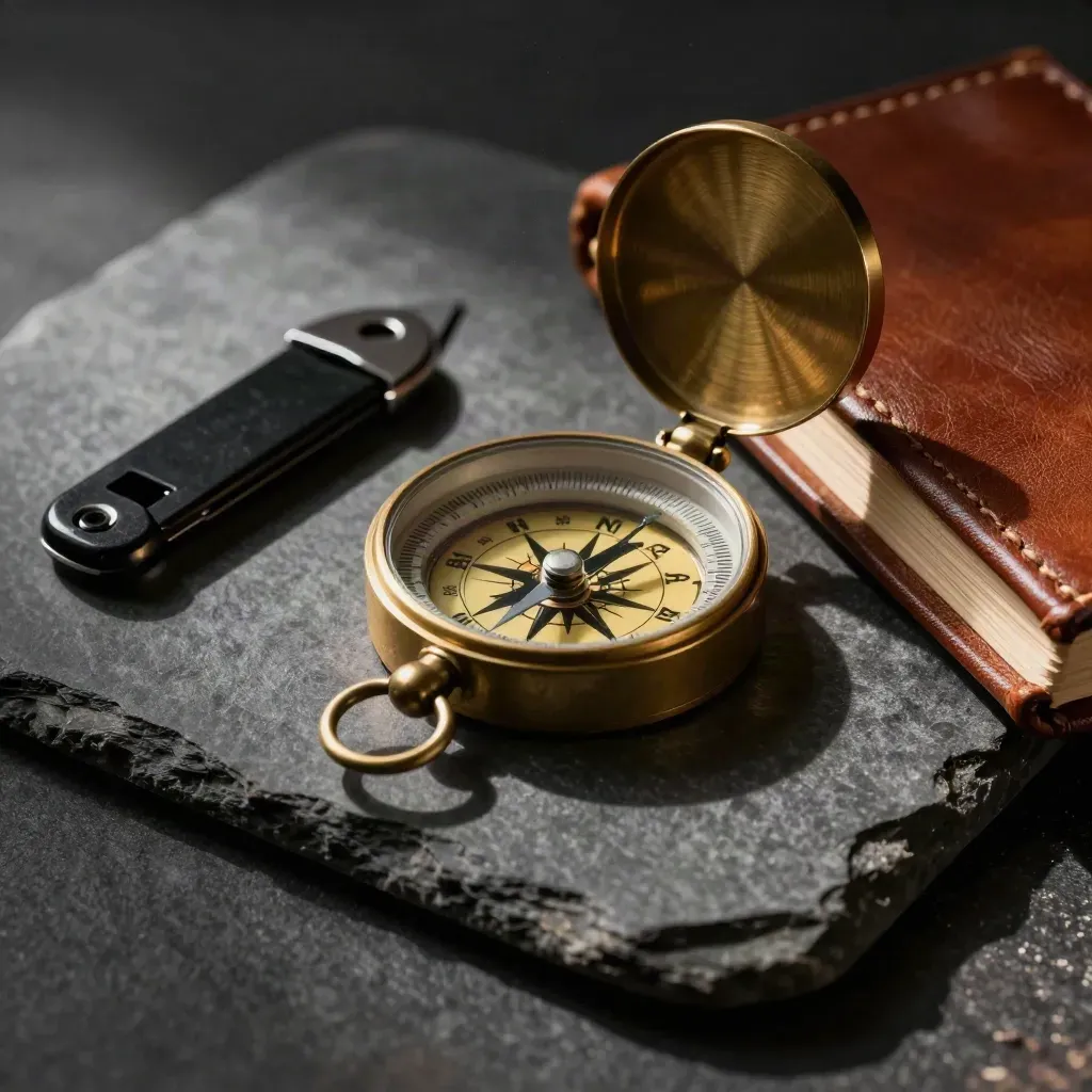 Brass compass, ebony opener, and leather folio on dark stone in dramatic studio light.