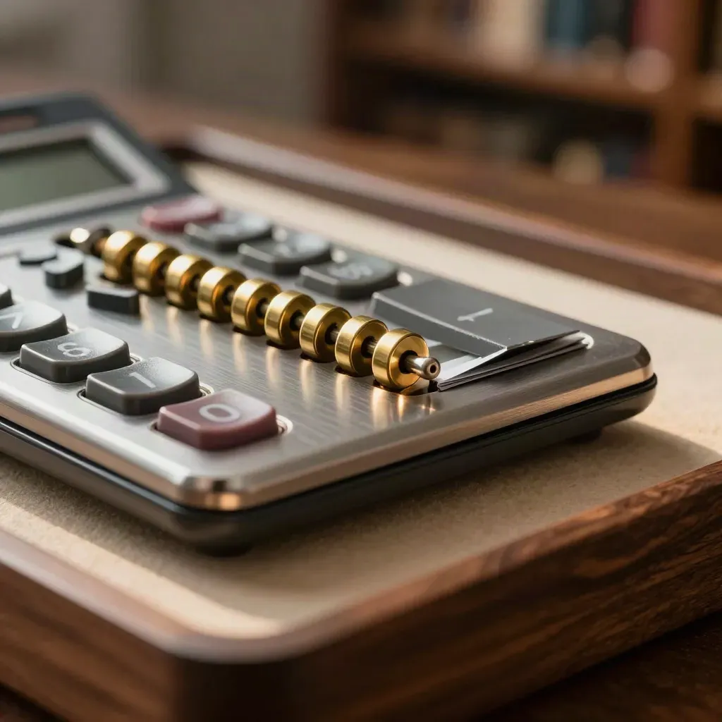 Face-down calculator, brass bead counter, and graphite tabs on a walnut tray