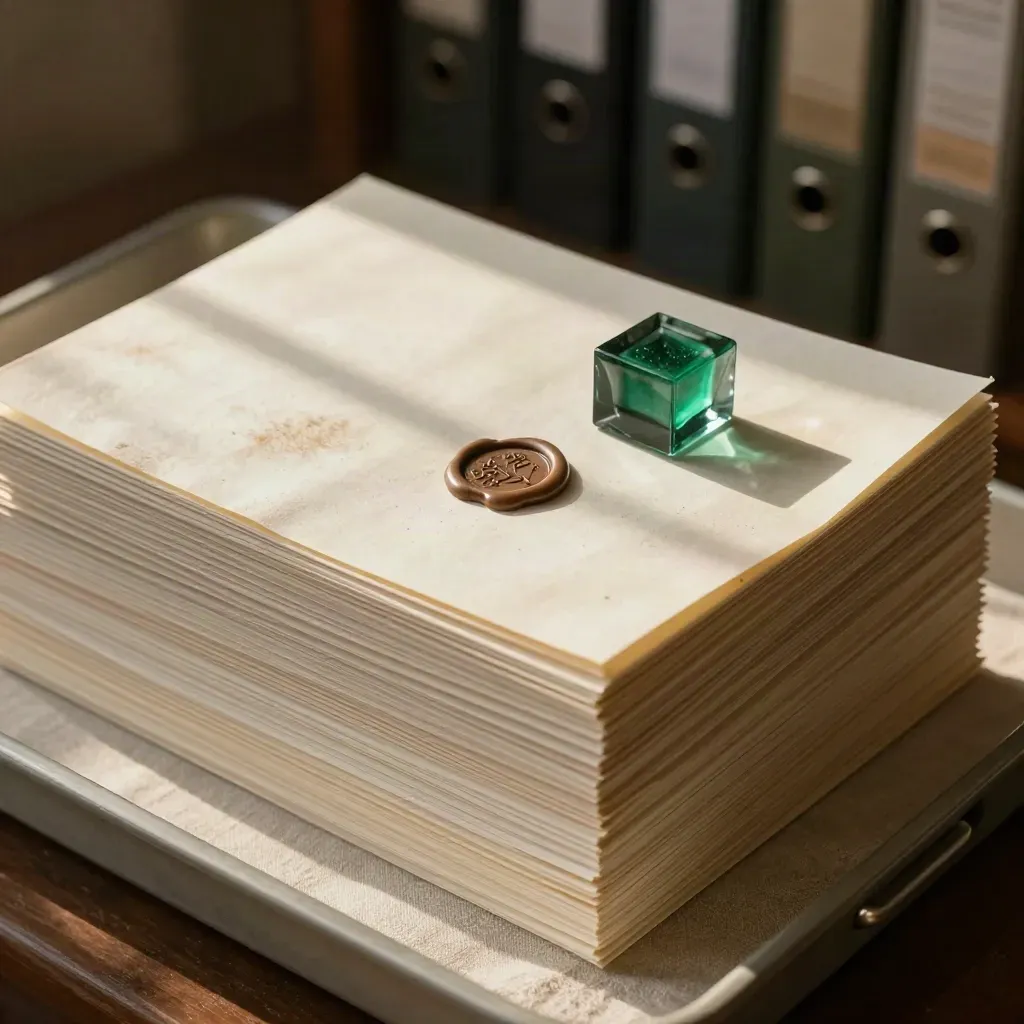 Ivory archive sleeves, wax seal, and emerald paperweight on pale linen in soft directional light.