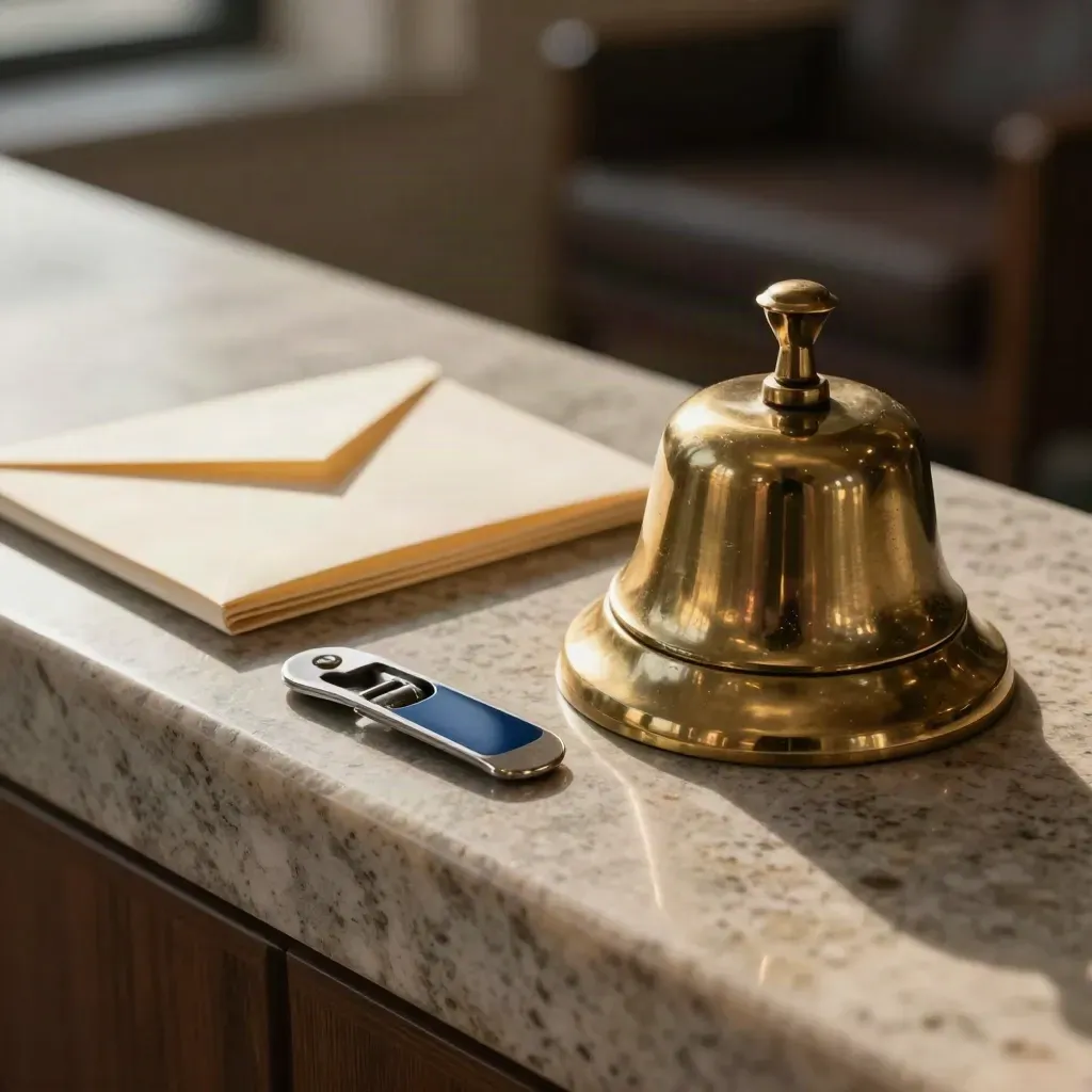Brass service bell with cream correspondence sleeve and envelope opener on stone