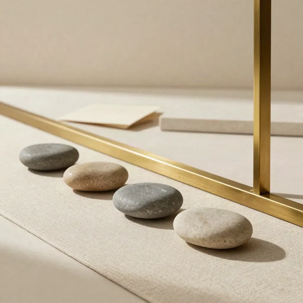 River stones on linen beside a brass divider, softly lit on a stone shelf