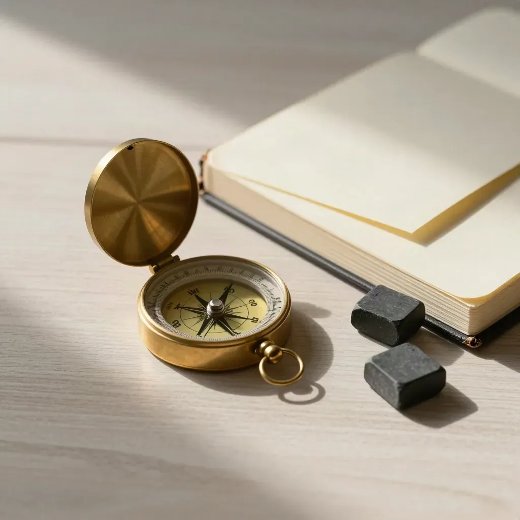 Brass compass, ivory notebook and slate paperweight on pale wood in soft side light.