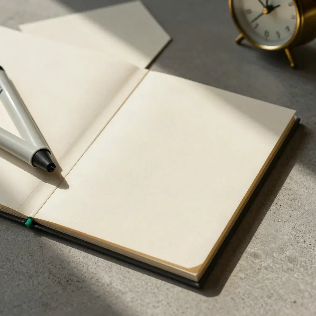 Overhead cream folders, brass shadow, slate marker on cool concrete with emerald accent