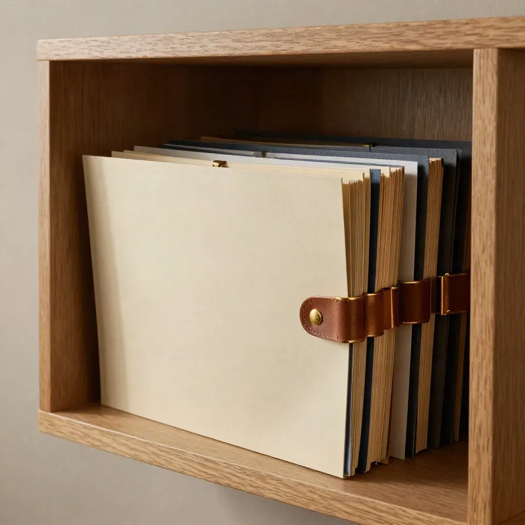 Archival folders with leather bands and brass clips in a warm wood niche.