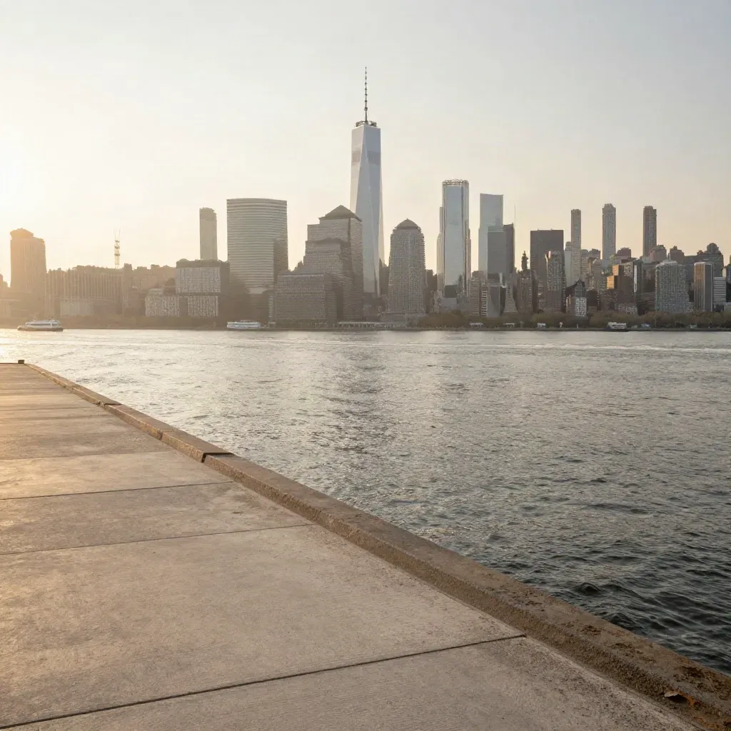 Manhattan skyline above East River haze and pale pier concrete at golden hour