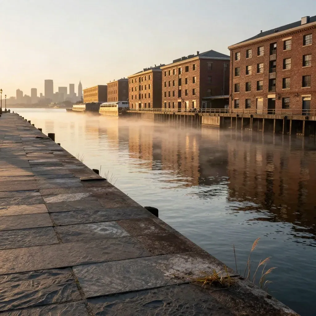 Golden-hour Jersey City and Hoboken riverfront with Manhattan across the Hudson and open misty water.