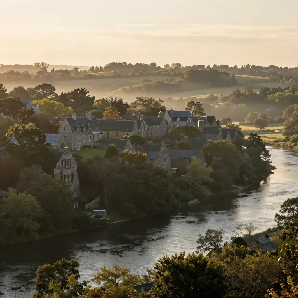 Hazy Westchester river bluffs with stone estates and wooded ridgelines at dusk