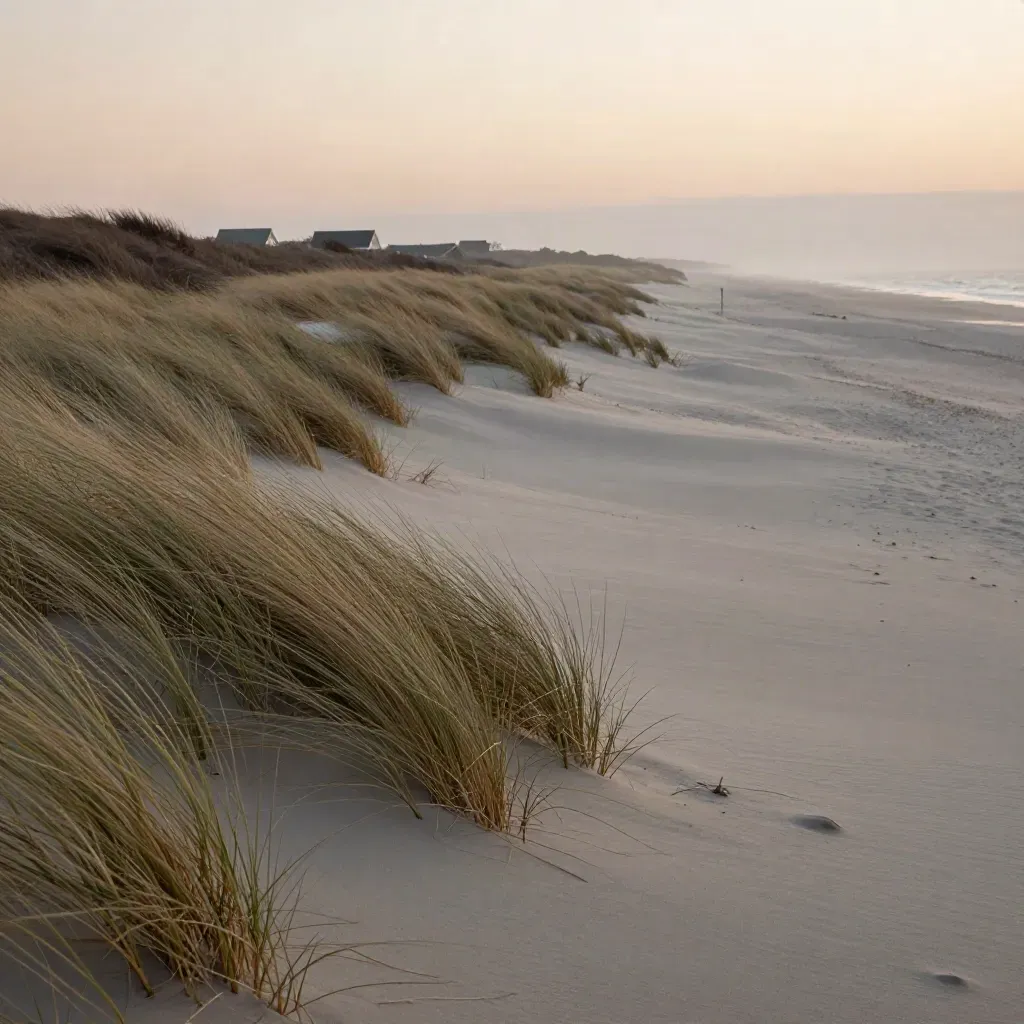 Long Island dunes with grass, pale sand, distant shingle roofs, and hazy evening light.