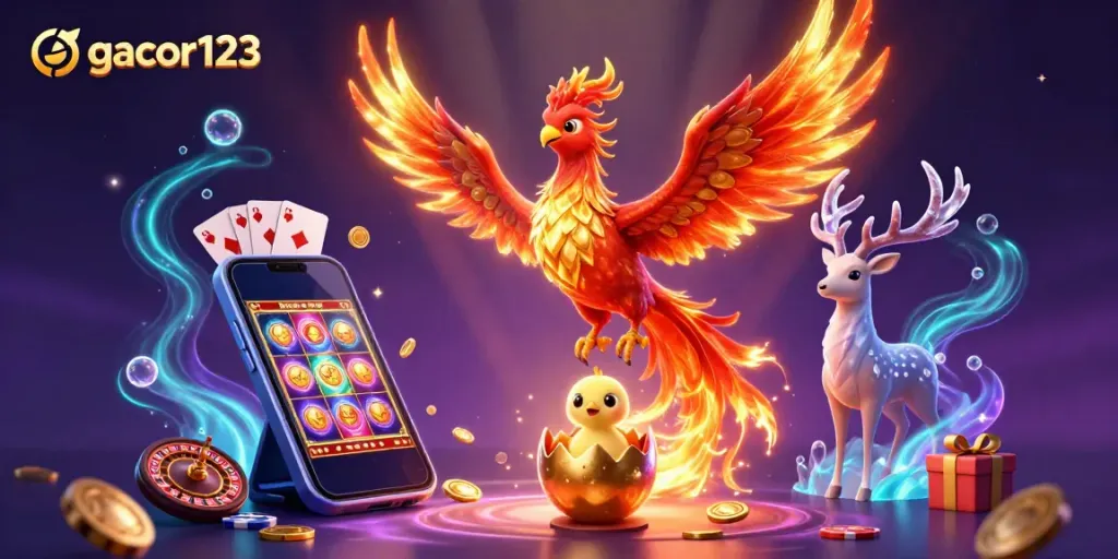 Experience excitement with gacor123 as a fire phoenix soars above a colorful slot game scene.