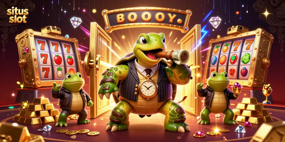 Gambarkan situs slot dengan turtle besar dalam jas sambil dikelilingi petunjuk berharga di kasino.