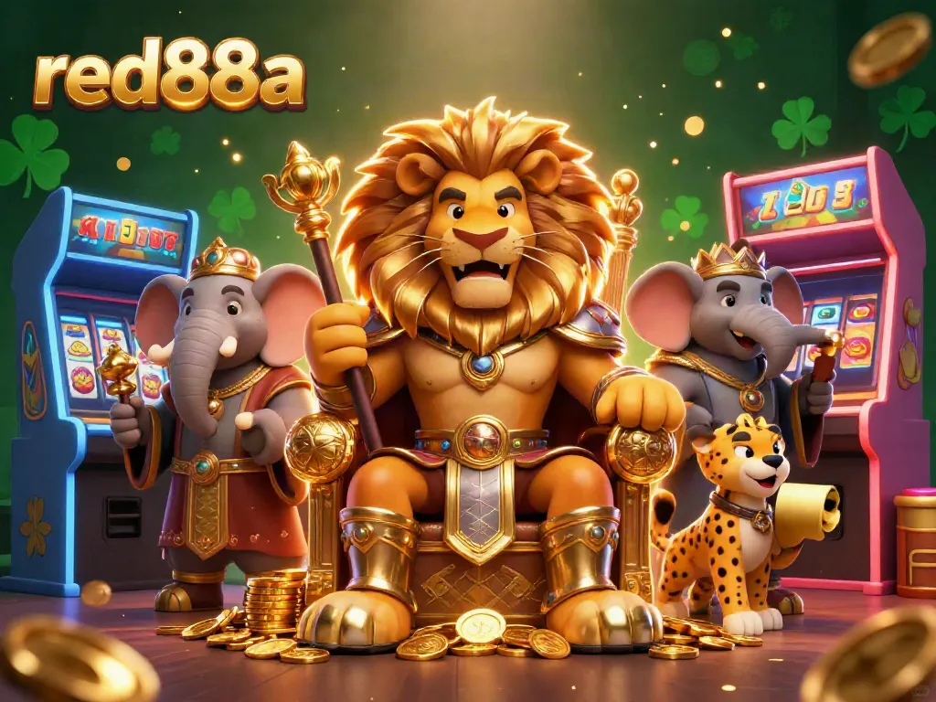 Red88a casino illustration featuring a lion king on a throne surrounded by cockfighting elements and game machines.