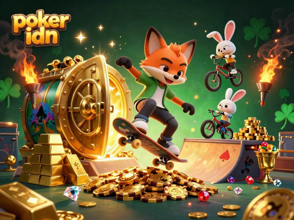 Gambarkan momen poker idn seru di mana rubah dan kelinci melakukan trik dengan chip poker emas