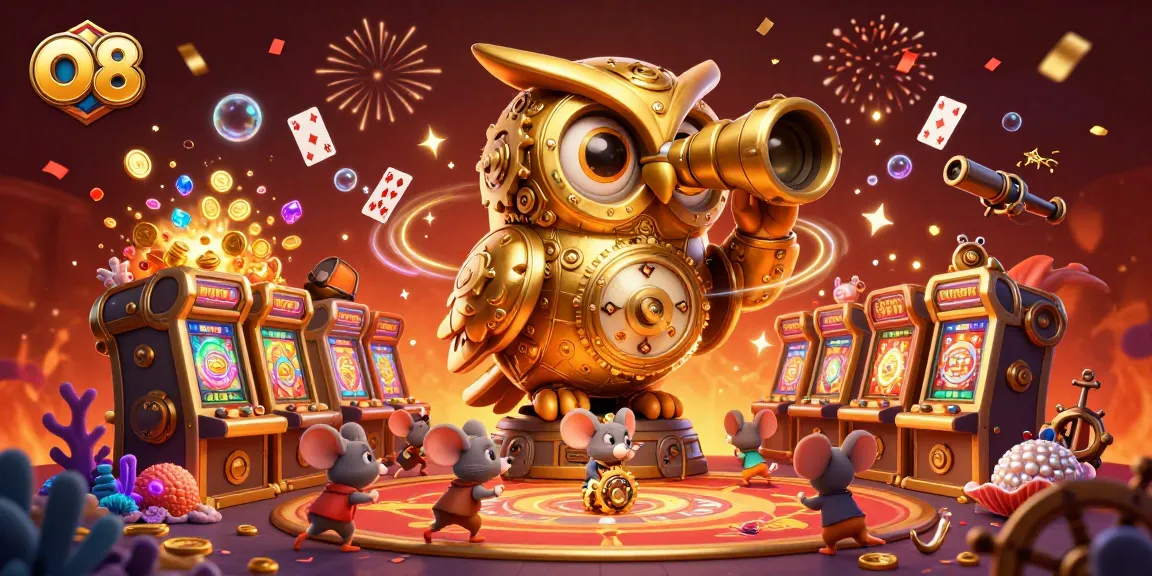 Engage with O8's vibrant casino scene featuring a golden owl and mouse patrons amid dynamic slots action.
