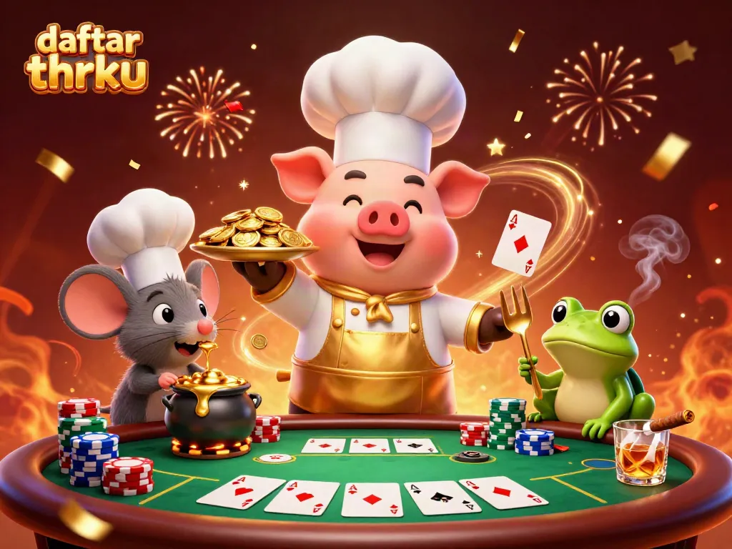 Experience daftar thrku excitement with chef pig, mouse, and frog in a vibrant casino scene.