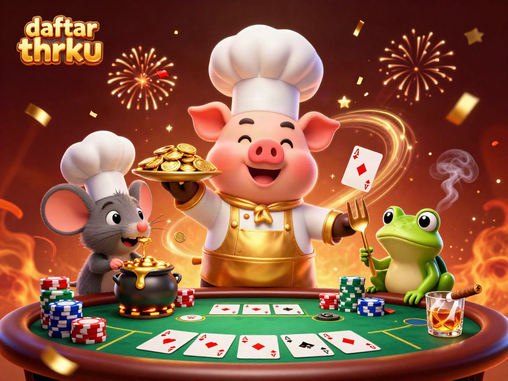 Experience daftar thrku excitement with chef pig, mouse, and frog in a vibrant casino scene.
