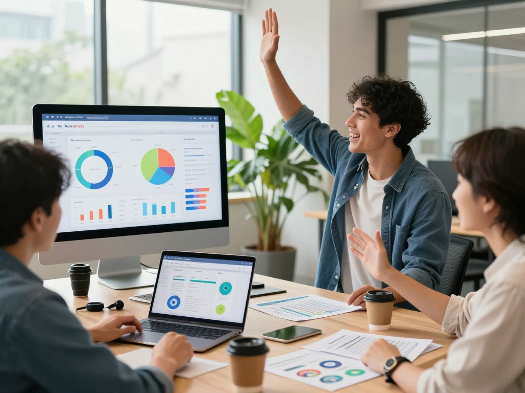Celebrate app success with a collaborative team in a modern office, enhancing engagement and encouraging purchase app downloads.