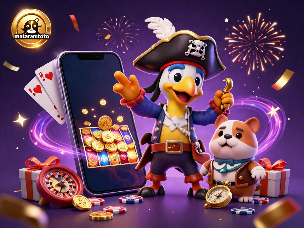 Engage in the excitement of mataramtoto with a vibrant 3D scene featuring a pirate captain and gaming elements.
