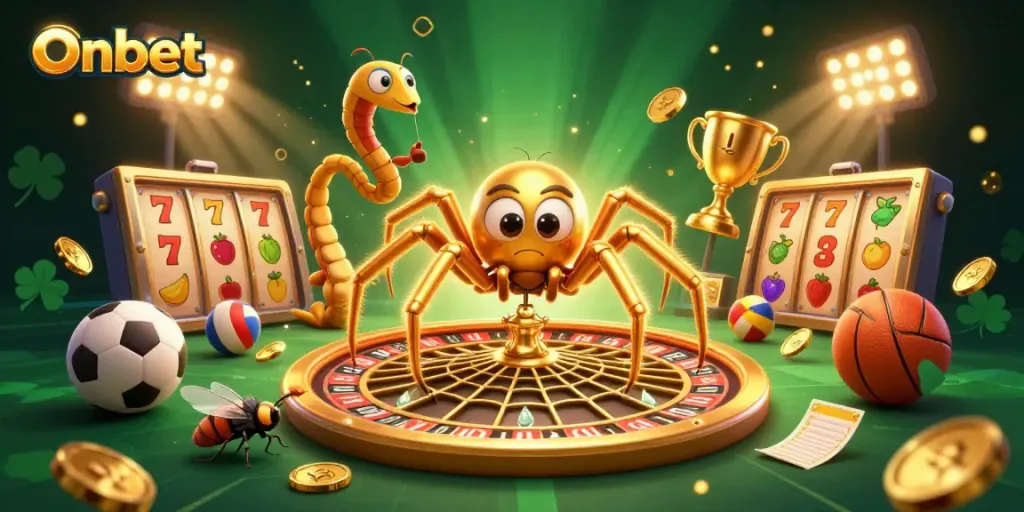 Onbet showcases a vibrant casino scene with a spider spinning a roulette wheel, enhancing thrilling gaming dynamics.