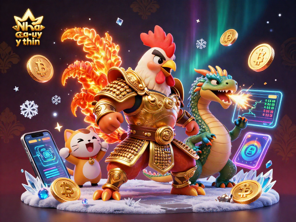 Nha cai uy tin showcases a spectacular scene with a rooster warrior, dragon, and fortune cat in a dynamic casino illustration.
