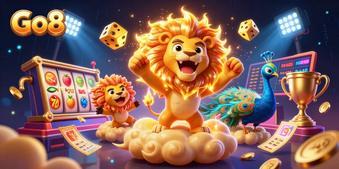 Go8 showcases exciting casino thrills with a roaring sun lion amidst vibrant slot reels and treasures.