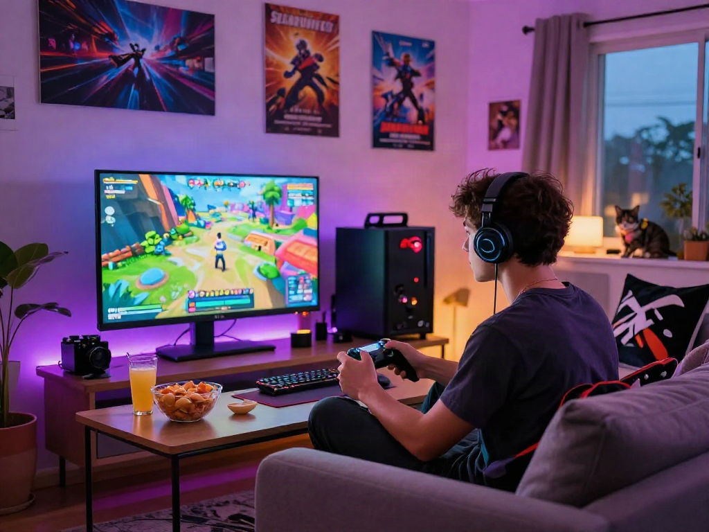 Immersive gaming experience with engaging porngames in a cozy living room.