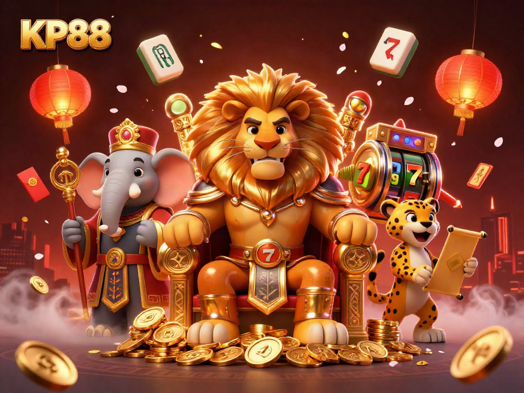 Engage with KP88's exciting casino offerings featuring a majestic lion king.